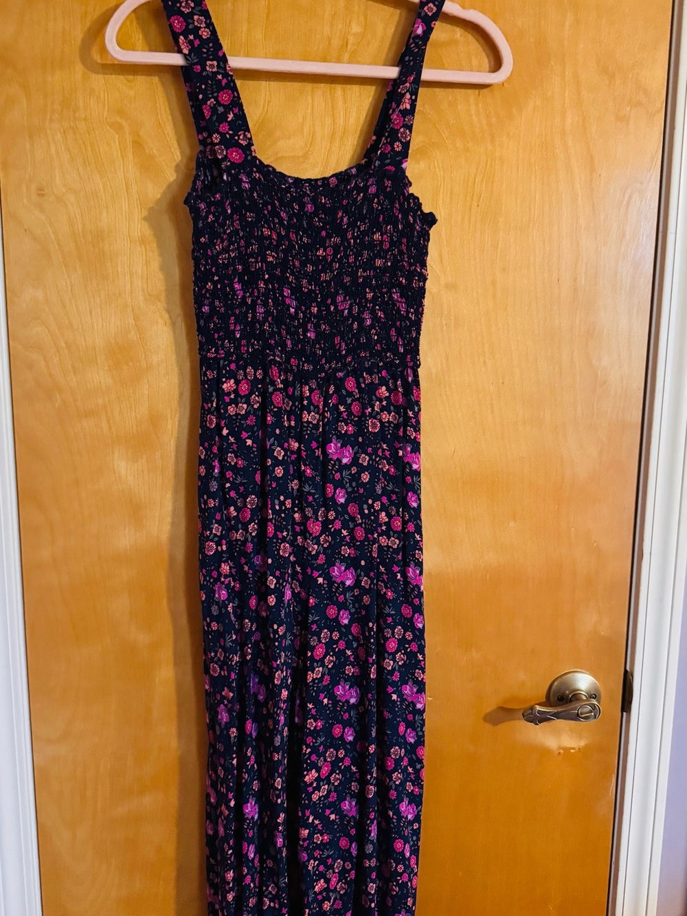 NATURAL LIFE Navy Floral Smocked Jumpsuit Pink and Coral Accents